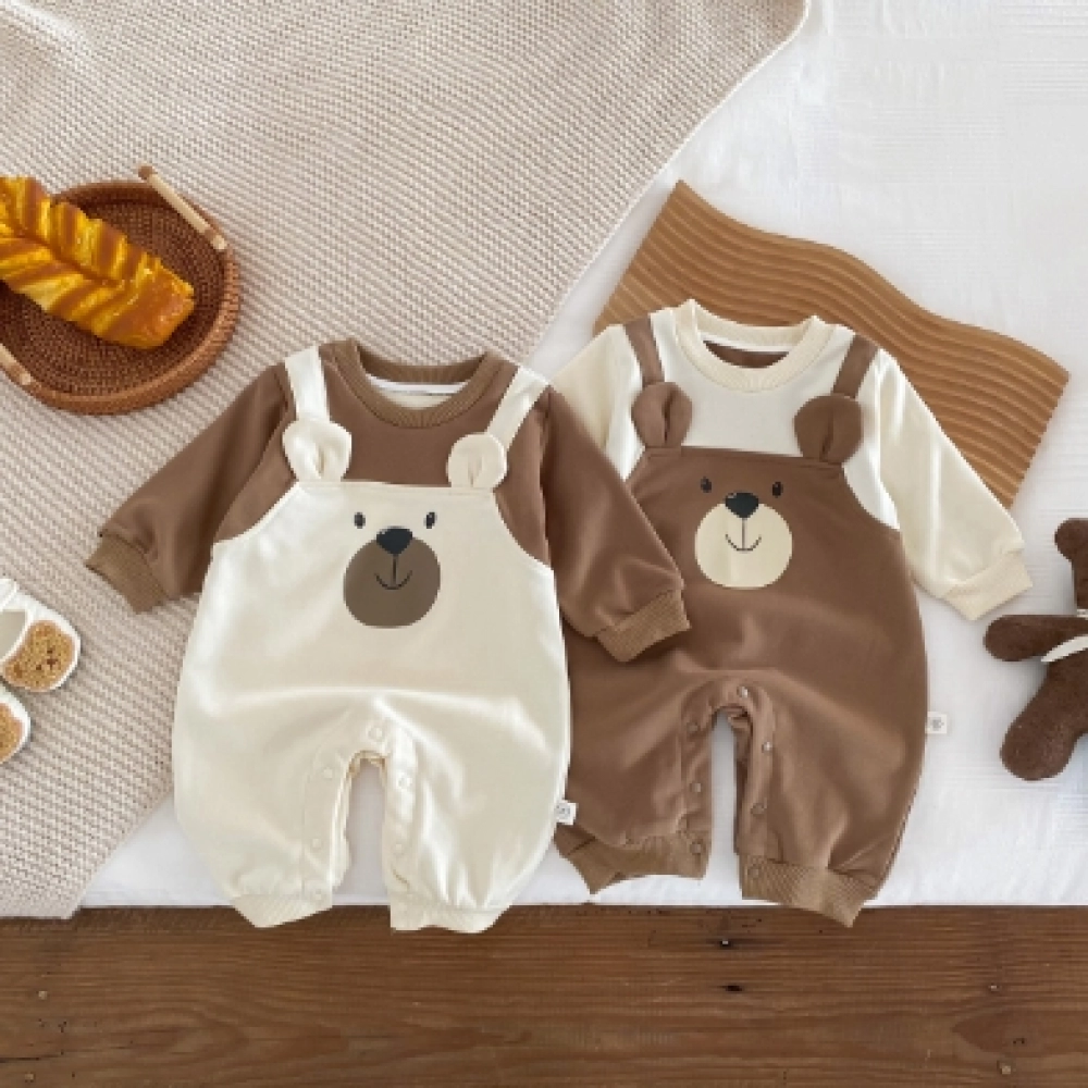 Baby autumn and winter teddy bear fake two-piece long sleeved jumpsuit for newborns, cute crawling clothes
