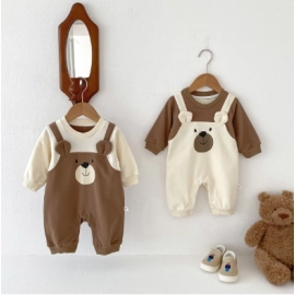 Baby autumn and winter teddy bear fake two-piece long sleeved jumpsuit for newborns, cute crawling clothes