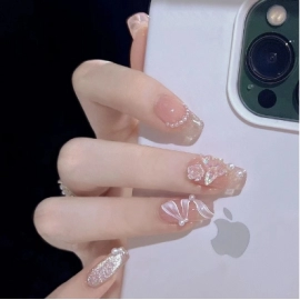 Camellia nail art patch, detachable ribbon, pearl, gentle nude color, white color Nail art sheet