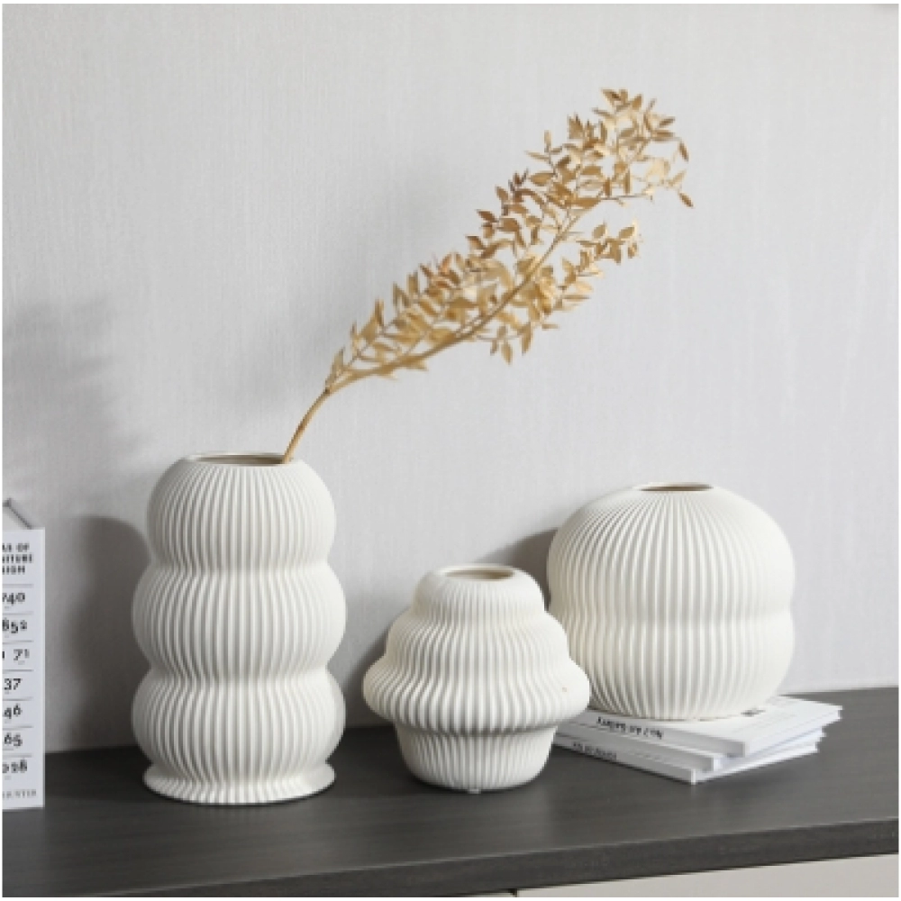 Simple white striped ceramic dried flower vase for home, living room, dining table, flower arrangement, home decoration, floral ware